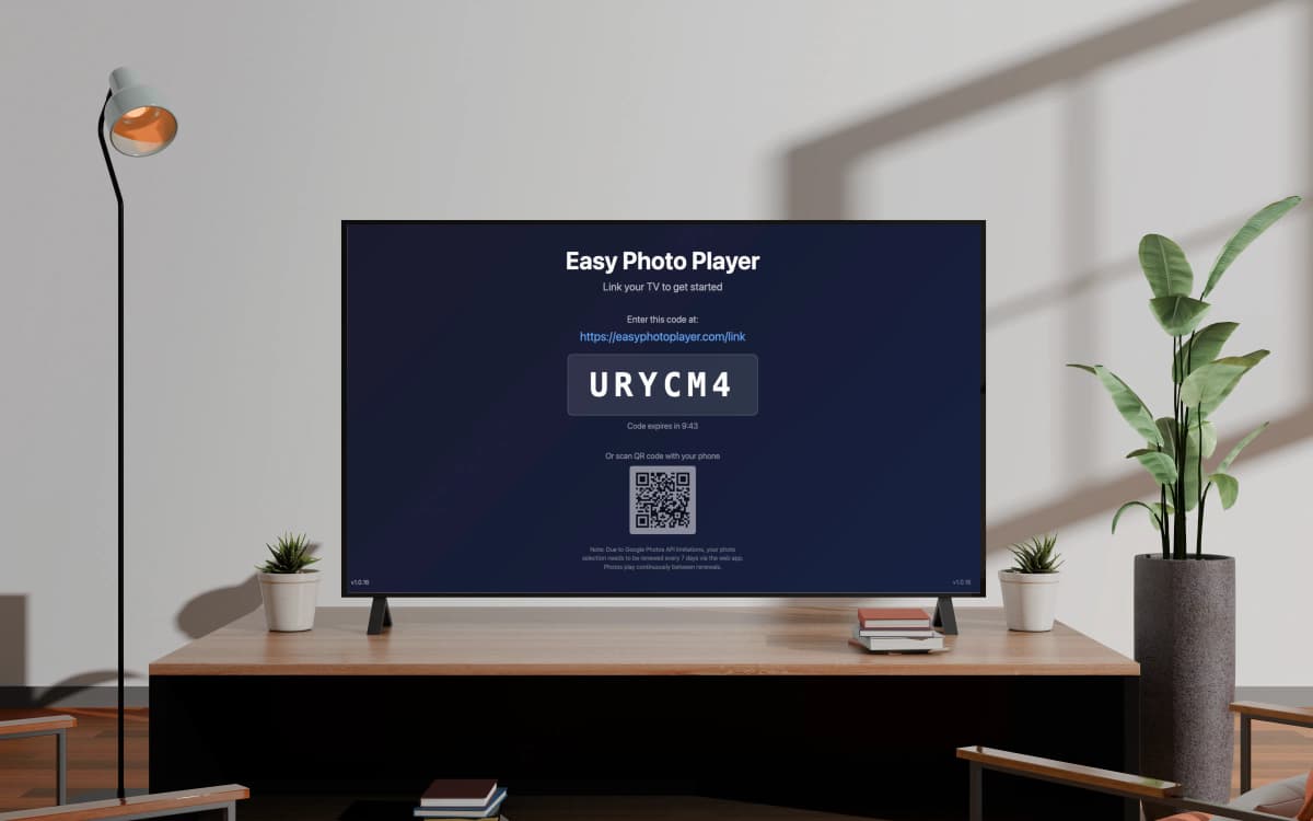 TV linking screen with code and QR for connecting Easy Photo Player